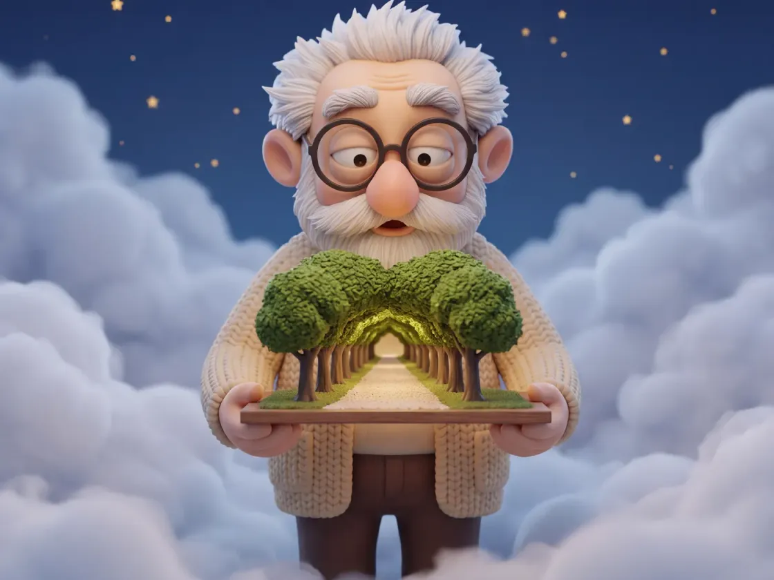 Fridolin hält ein kleines Modell eines alten Lindenbaums mit dichter Krone in den Händen, über Wolken.