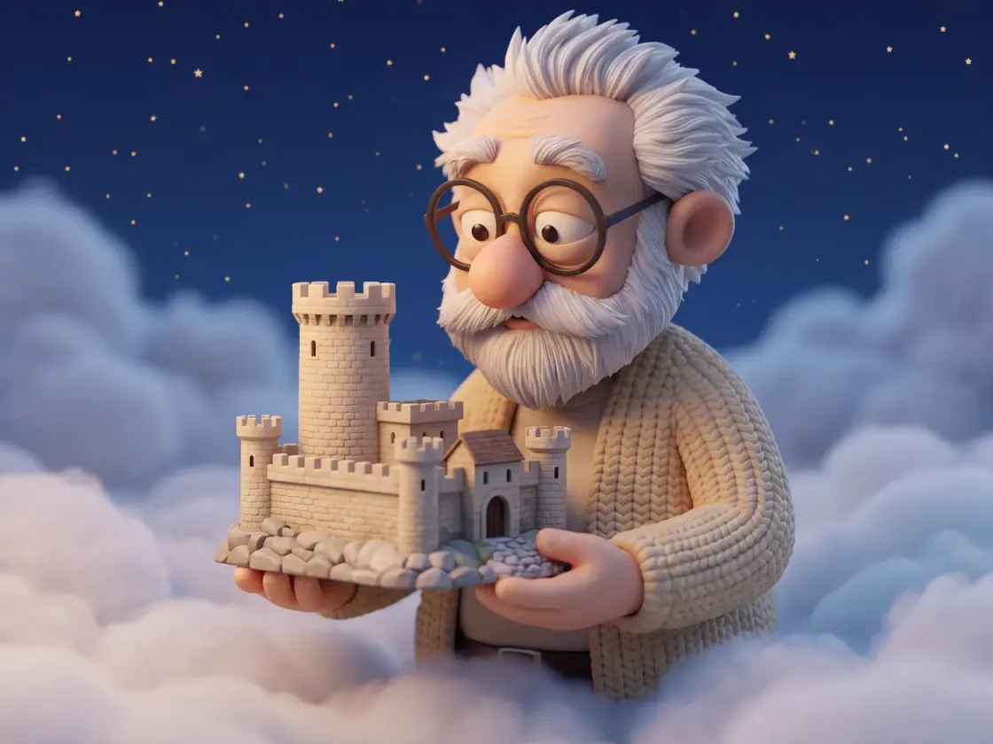 Fridolin hält eine kleine Burg aus hellem Naturstein mit rundem Bergfried und Zinnenmauer in den Händen, über Wolken unter einem Sternenhimmel.