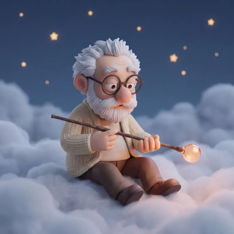 Fridolin sitzt über den Wolken und hält eine Glasmacherpfeife mit einem glühenden Tropfen Glas am vorderen Ende.