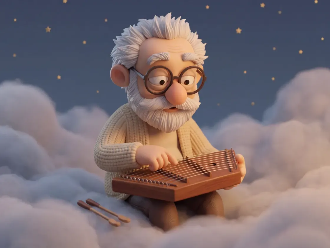 Fridolin sitzt auf weichen Wolken unter dem Sternenhimmel und hält ein kleines Hackbrett in den Händen.