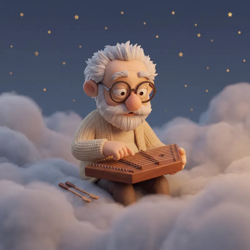Fridolin sitzt auf weichen Wolken unter dem Sternenhimmel und hält ein kleines Hackbrett in den Händen.