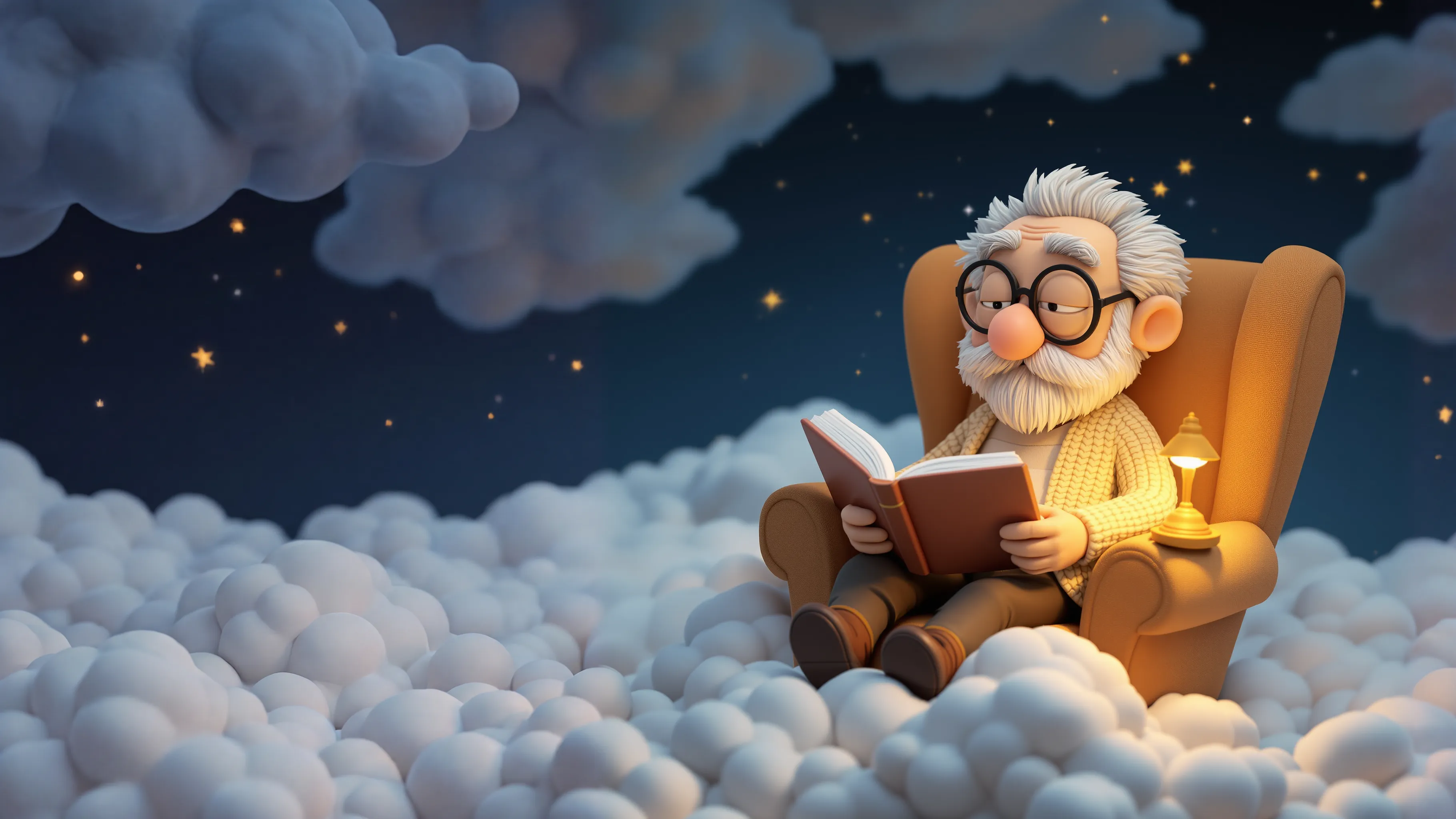 Fridolin sitzt in einem Ohrensessel auf einer Wolke und liest bei
          Lampenlicht in einem Buch, über ihm der Sternenhimmel.