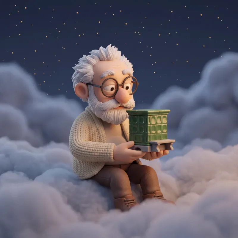 Fridolin sitzt auf Wolken und hält ein kleines grünes Kachelofen-Modell mit Steinbank.