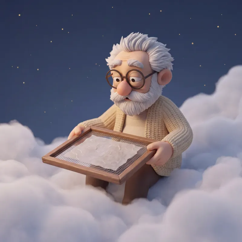Fridolin sitzt über den Wolken und hält ein hölzernes Schöpfsieb mit einem frisch geschöpften Blatt Papier.