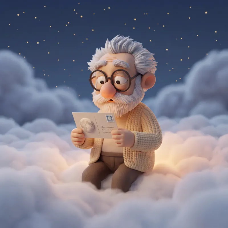 Fridolin sitzt auf Wolken und liest eine handbeschriebene Postkarte mit Briefmarke.