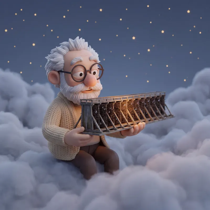 Fridolin sitzt auf Wolken und hält ein Modell eines Gradierwerks mit dunklem Reisig in den Händen.