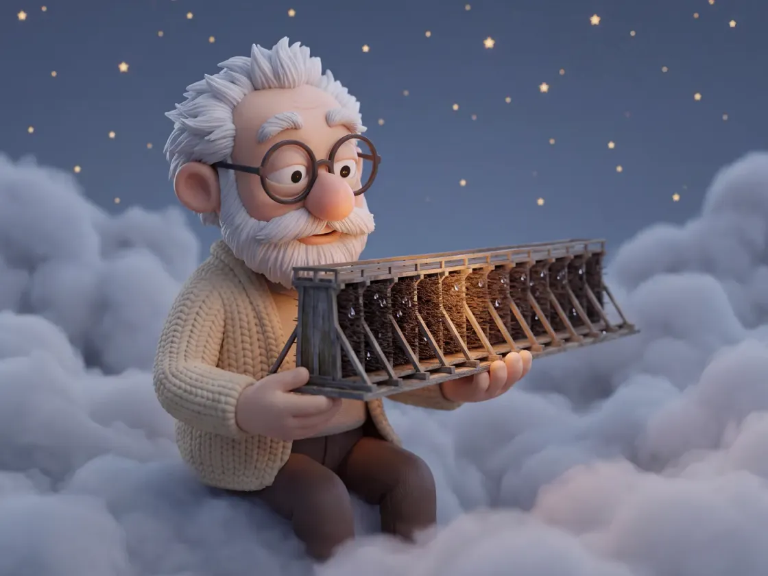 Fridolin sitzt auf Wolken und hält ein Modell eines Gradierwerks mit dunklem Reisig in den Händen.