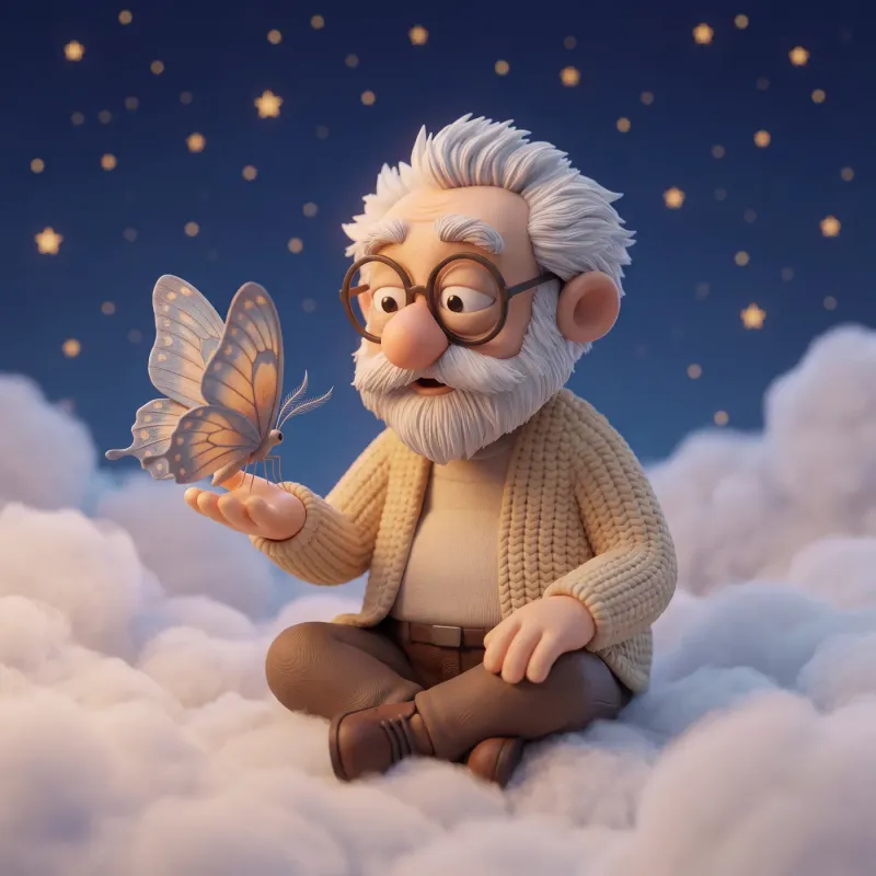 Fridolin hält einen großen Schmetterling mit blau-bernsteinfarbenen Flügeln auf der offenen Hand, über Wolken unter einem Sternenhimmel.