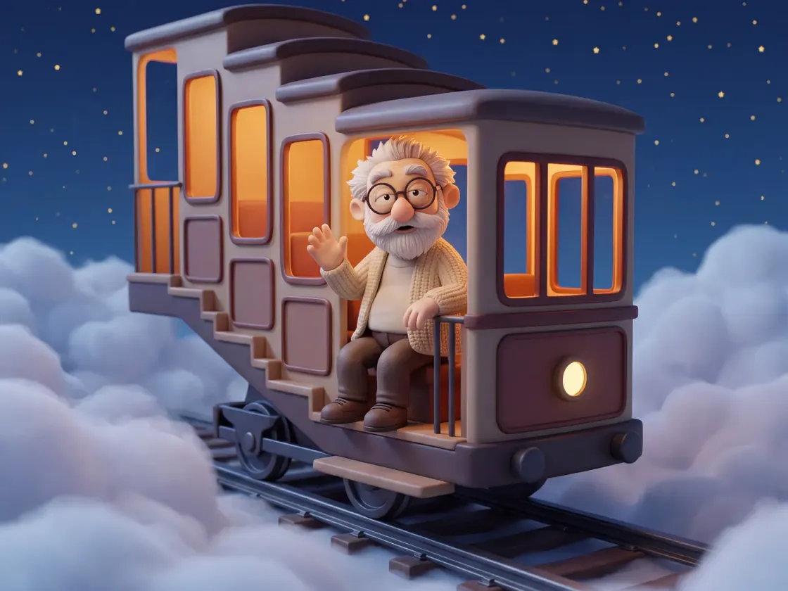 Fridolin sitzt im erleuchteten Wagen einer Standseilbahn, die über den Wolken auf ihren Schienen steht, und winkt.