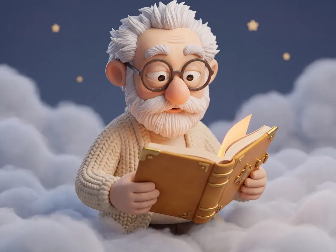 Fridolin sitzt auf Wolken und liest in einem großen, goldbraunen Buch.