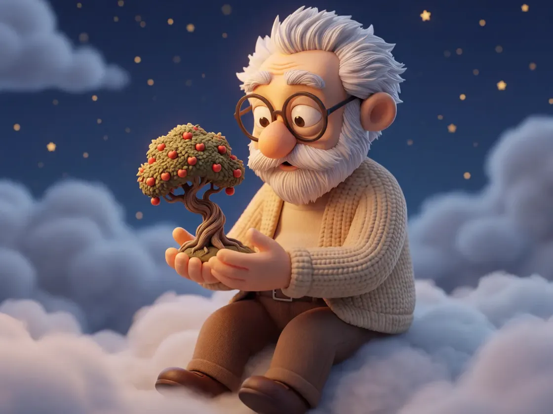 Fridolin hält einen kleinen alten Apfelbaum mit knorrigem Stamm und runder Krone voller roter Äpfel in den Händen, über Wolken unter einem Sternenhimmel.
