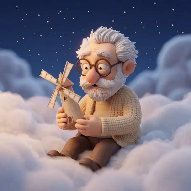 Fridolin sitzt auf Wolken und hält eine kleine hölzerne Windmühle mit Flügeln in den Händen.